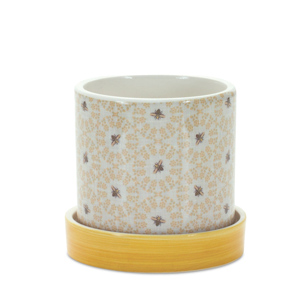 Stone Bumble Bee Striped Planter with Plate (Set of 2)