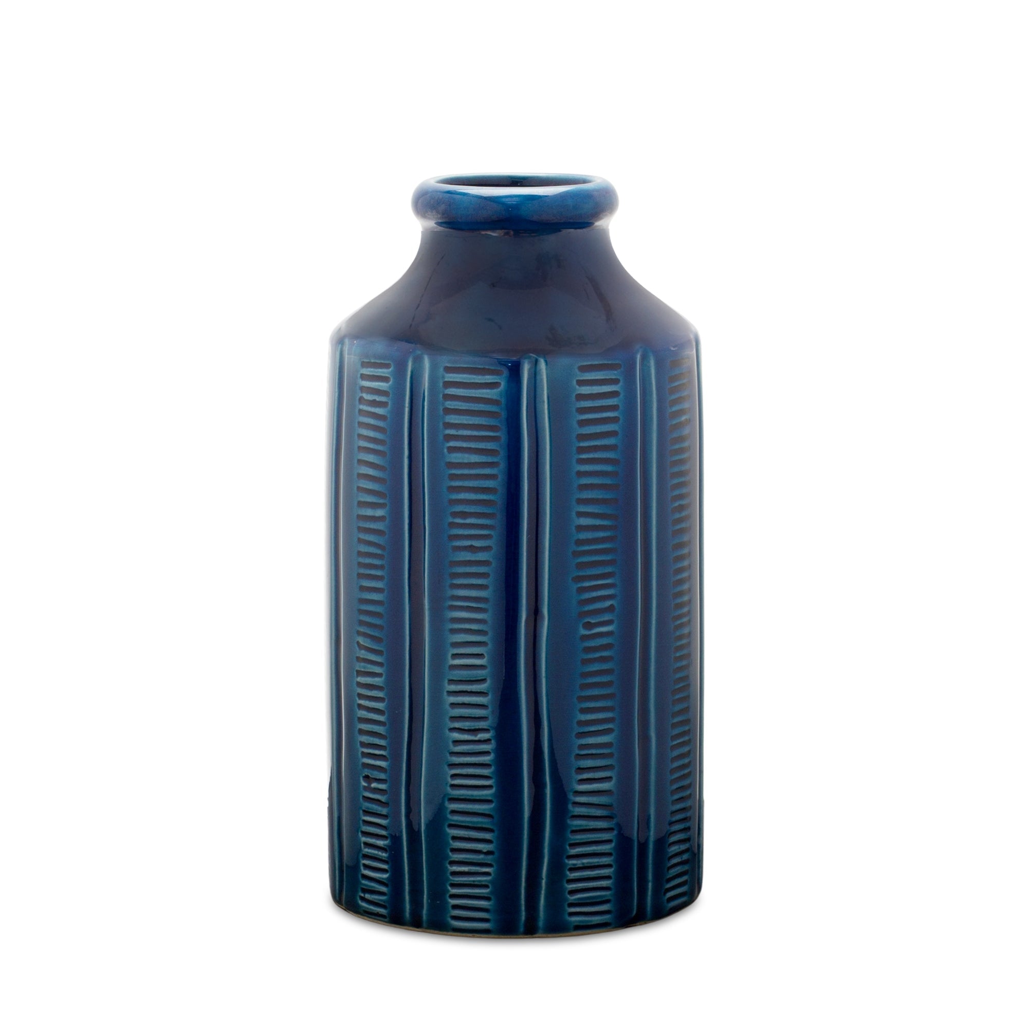 Blue Etched Terra Cotta Vase 10"H