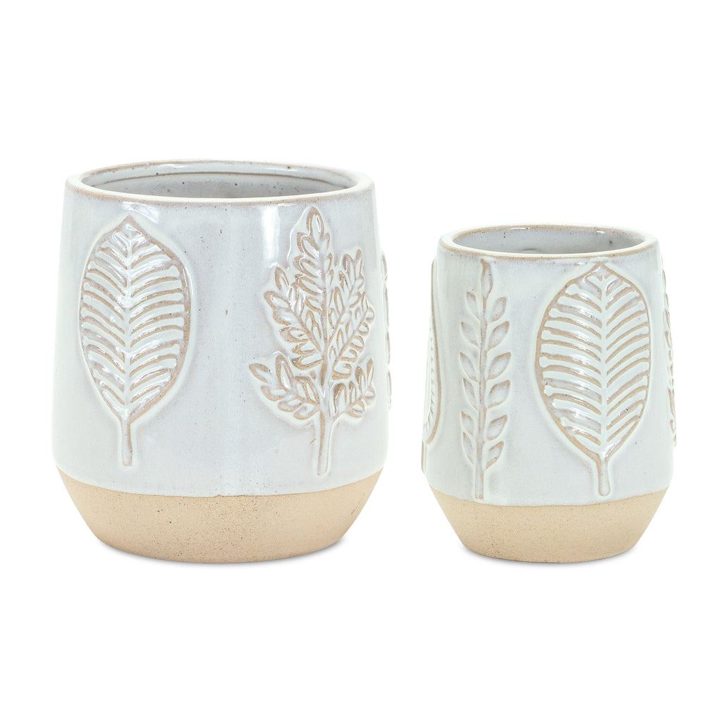 Two Tone Porcelain Planter with Leaf Design (Set of 2)