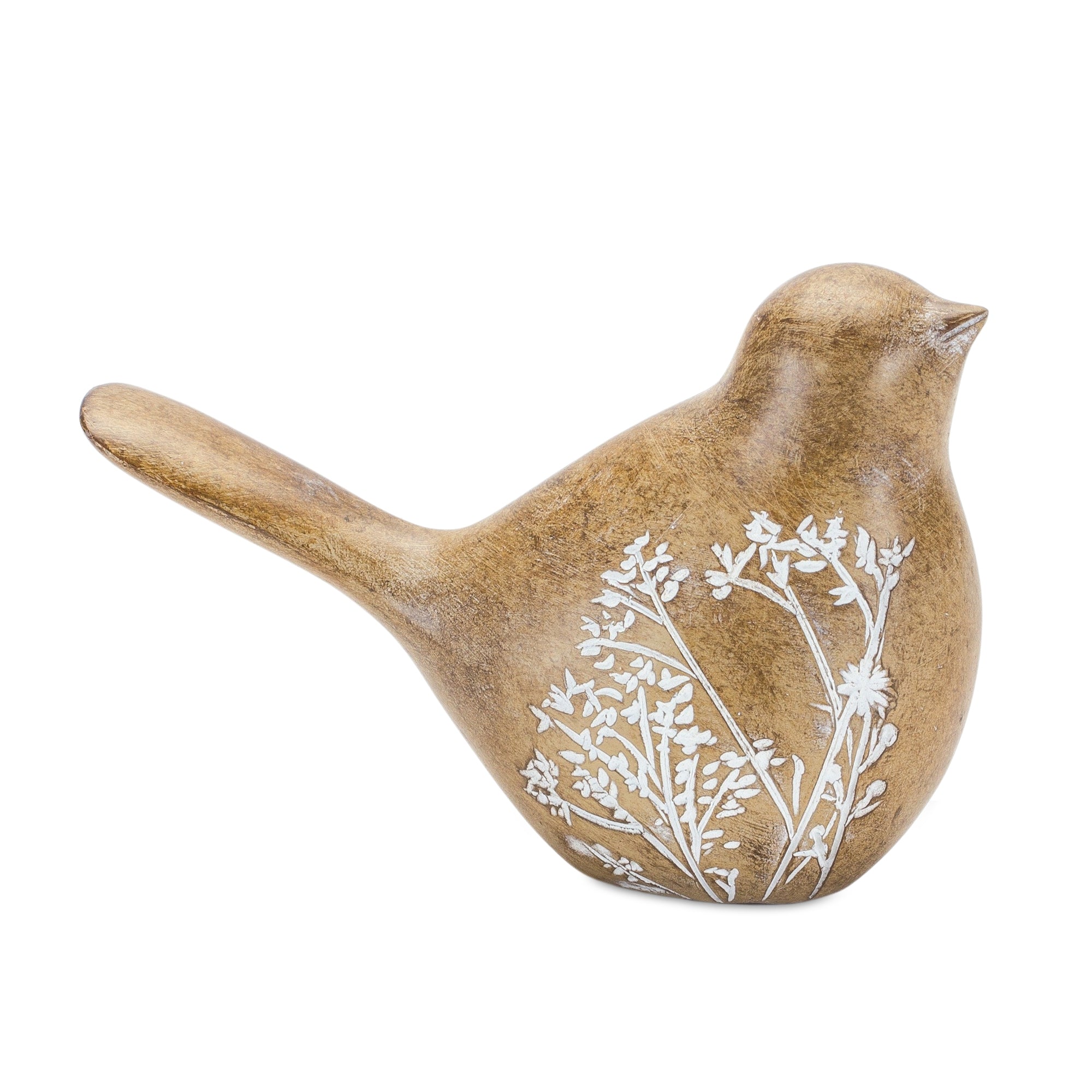 Floral Etched Bird Figurine with Wood Grain Design (Set of 4)