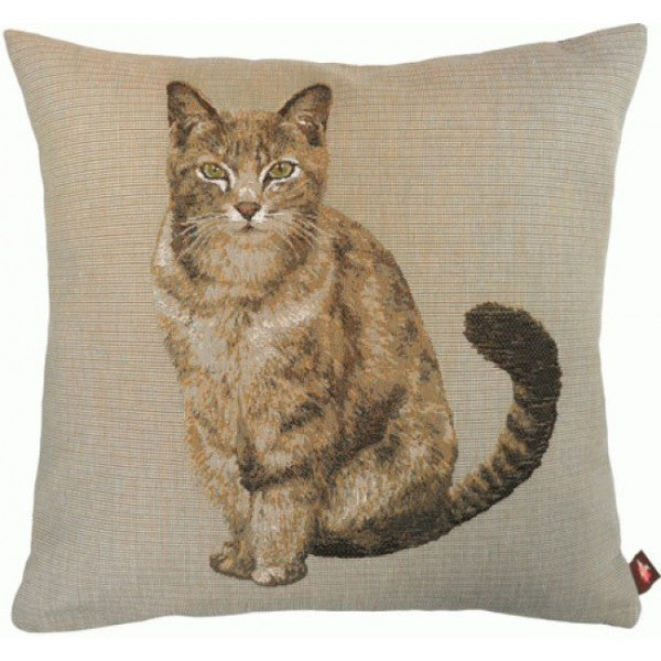 Tabby Cat Sitting Light Grey  French Cushion