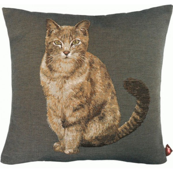 Tabby Cat Sitting Dark Grey French Cushion