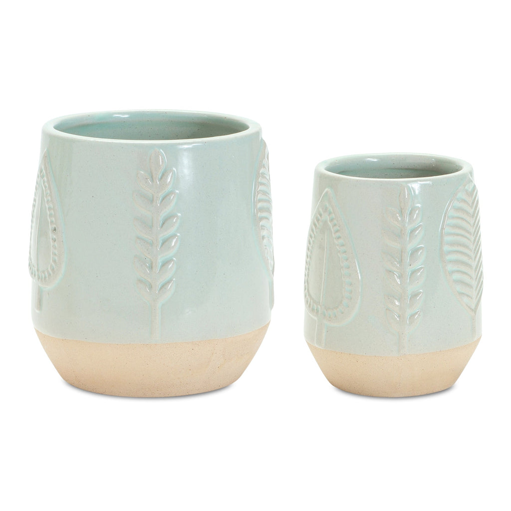Two-Tone Porcealin Planter with Leaf Design (Set of 2)