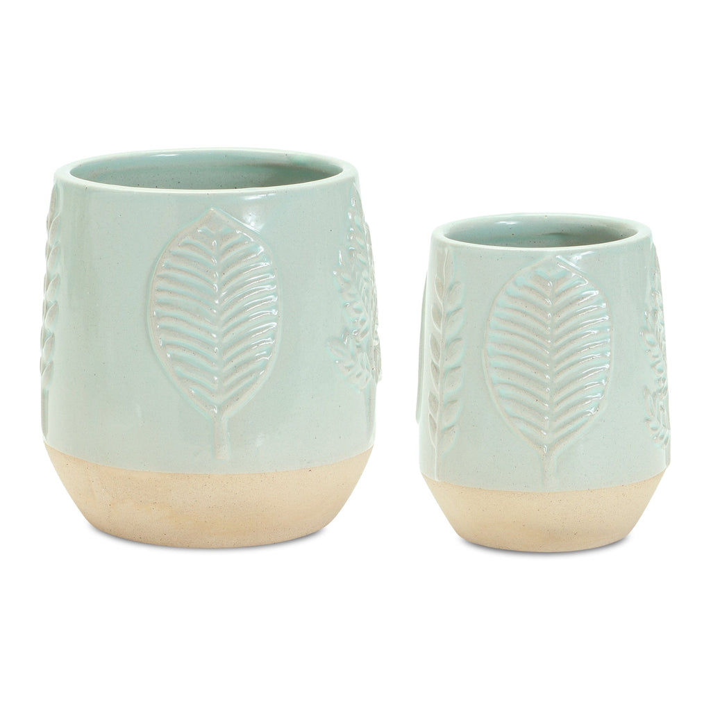 Two-Tone Porcealin Planter with Leaf Design (Set of 2)