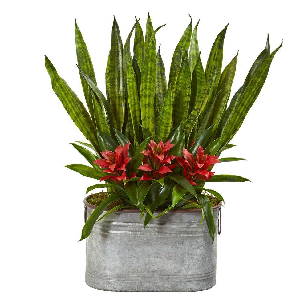 24" Bromeliad and Sansevieria Artificial Plant in Metal Planter