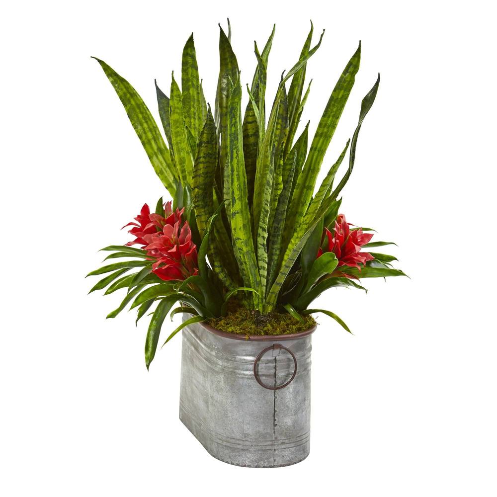 24" Bromeliad and Sansevieria Artificial Plant in Metal Planter