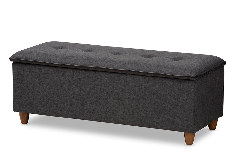 Baxton Studio Marlisa Mid-Century Modern Walnut Finished Wood and Dark Grey Fabric Upholstered Button Tufted Storage Ottoman Bench