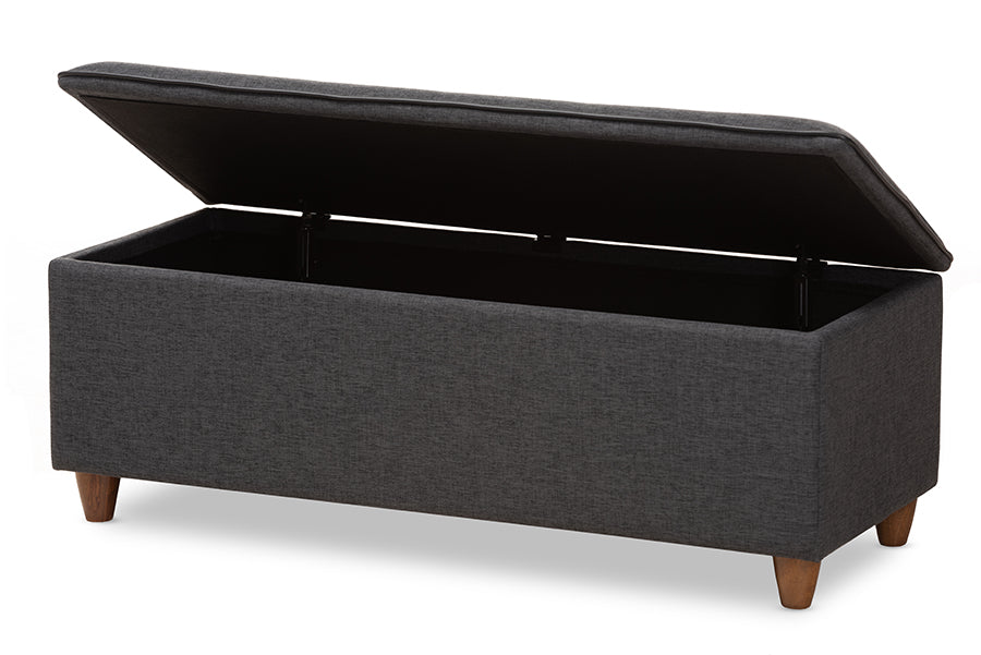 Baxton Studio Marlisa Mid-Century Modern Walnut Finished Wood and Dark Grey Fabric Upholstered Button Tufted Storage Ottoman Bench