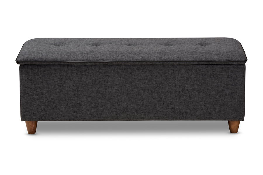 Baxton Studio Marlisa Mid-Century Modern Walnut Finished Wood and Dark Grey Fabric Upholstered Button Tufted Storage Ottoman Bench