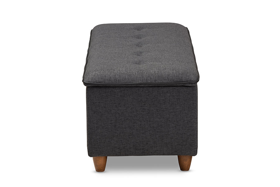 Baxton Studio Marlisa Mid-Century Modern Walnut Finished Wood and Dark Grey Fabric Upholstered Button Tufted Storage Ottoman Bench