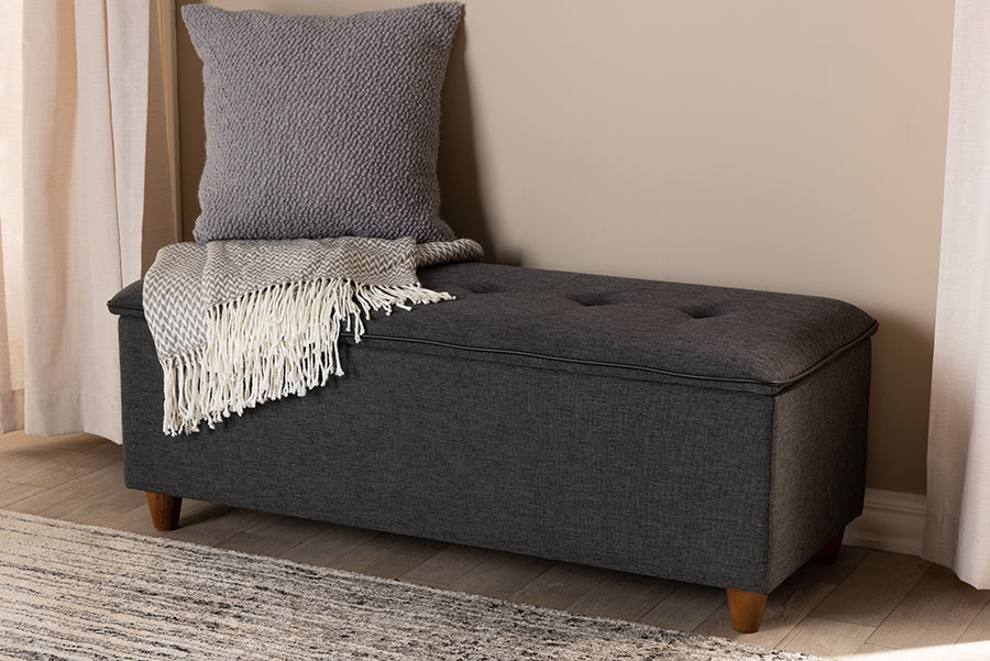 Baxton Studio Marlisa Mid-Century Modern Walnut Finished Wood and Dark Grey Fabric Upholstered Button Tufted Storage Ottoman Bench