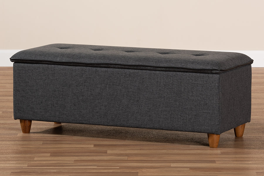 Baxton Studio Marlisa Mid-Century Modern Walnut Finished Wood and Dark Grey Fabric Upholstered Button Tufted Storage Ottoman Bench