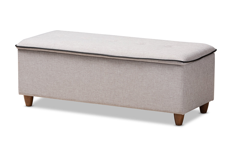 Baxton Studio Marlisa Mid-Century Modern Walnut Finished Wood and Greyish Beige Fabric Upholstered Button Tufted Storage Ottoman Bench