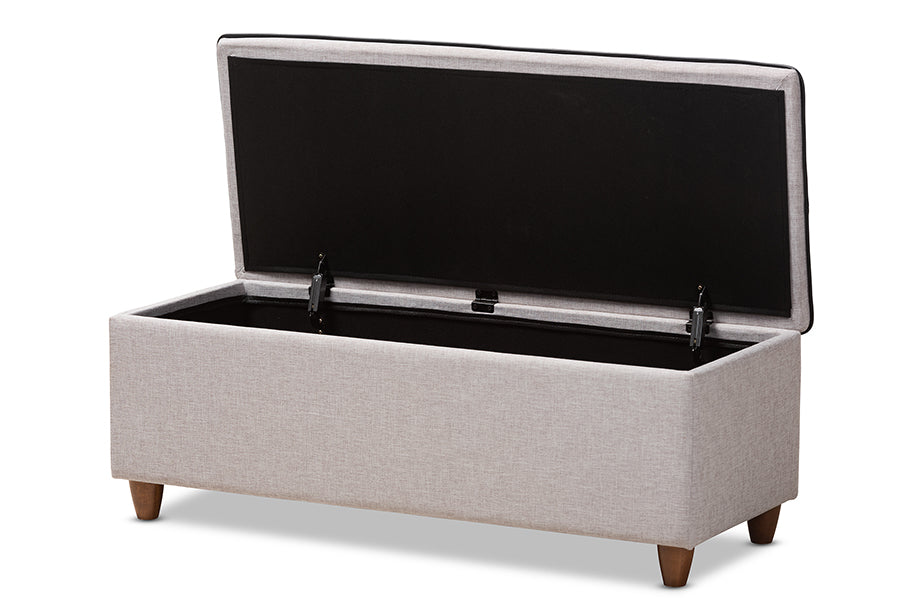 Baxton Studio Marlisa Mid-Century Modern Walnut Finished Wood and Greyish Beige Fabric Upholstered Button Tufted Storage Ottoman Bench