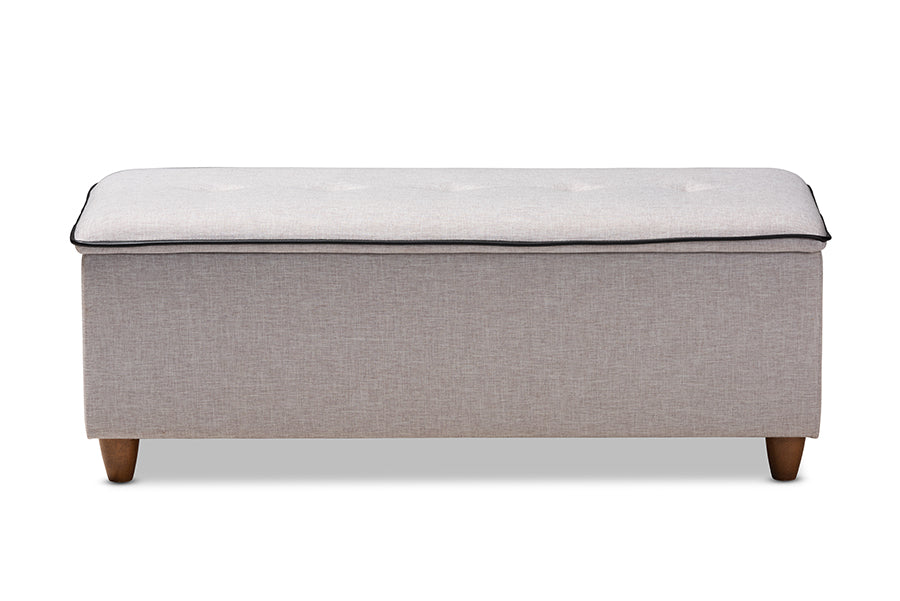 Baxton Studio Marlisa Mid-Century Modern Walnut Finished Wood and Greyish Beige Fabric Upholstered Button Tufted Storage Ottoman Bench