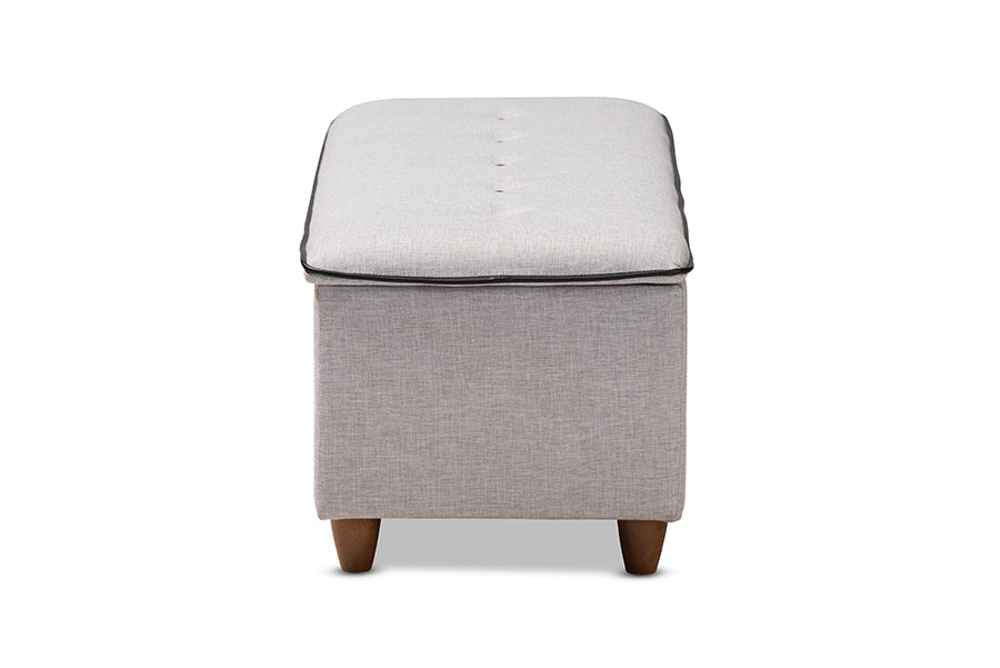 Baxton Studio Marlisa Mid-Century Modern Walnut Finished Wood and Greyish Beige Fabric Upholstered Button Tufted Storage Ottoman Bench