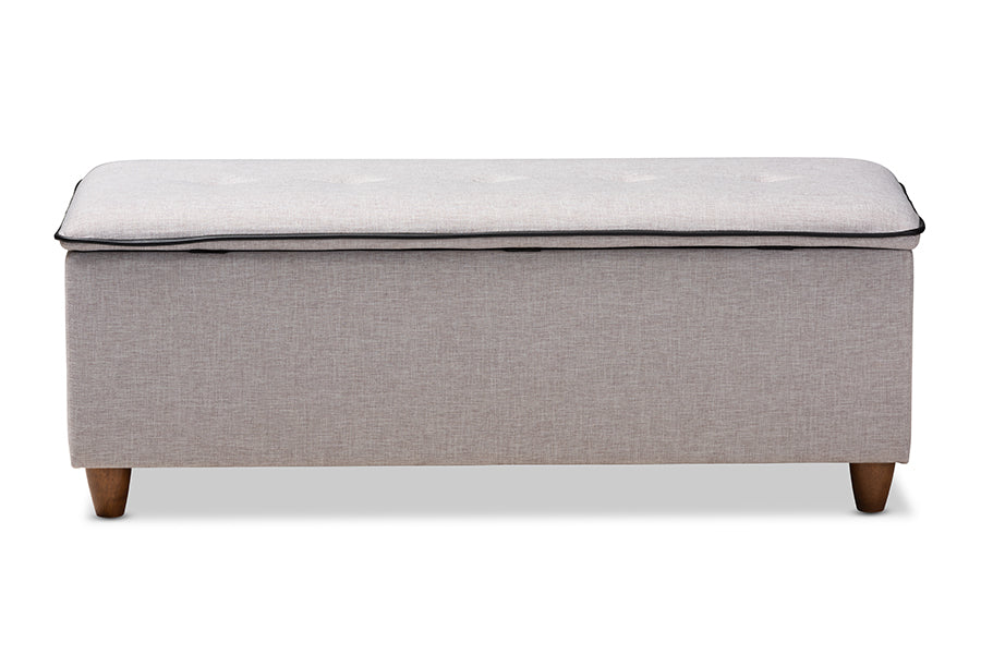 Baxton Studio Marlisa Mid-Century Modern Walnut Finished Wood and Greyish Beige Fabric Upholstered Button Tufted Storage Ottoman Bench