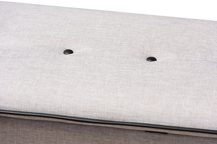 Baxton Studio Marlisa Mid-Century Modern Walnut Finished Wood and Greyish Beige Fabric Upholstered Button Tufted Storage Ottoman Bench