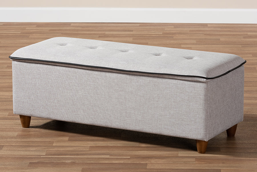 Baxton Studio Marlisa Mid-Century Modern Walnut Finished Wood and Greyish Beige Fabric Upholstered Button Tufted Storage Ottoman Bench