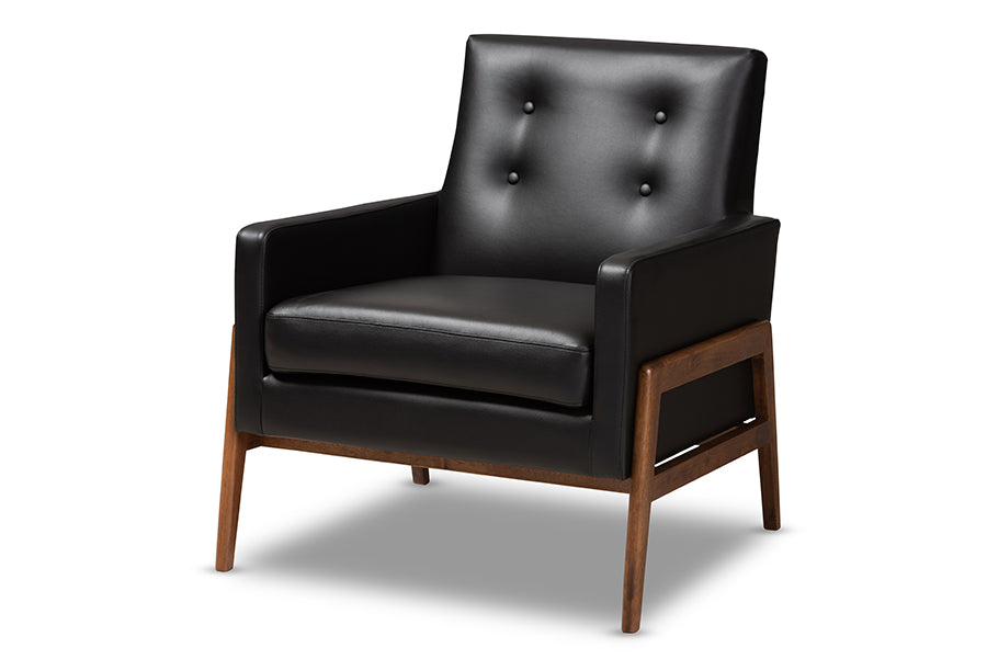 Baxton Studio Perris Mid-Century Modern Black Faux Leather Upholstered Walnut Wood Lounge Chair