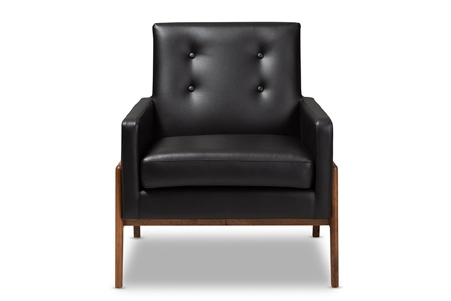 Baxton Studio Perris Mid-Century Modern Black Faux Leather Upholstered Walnut Wood Lounge Chair