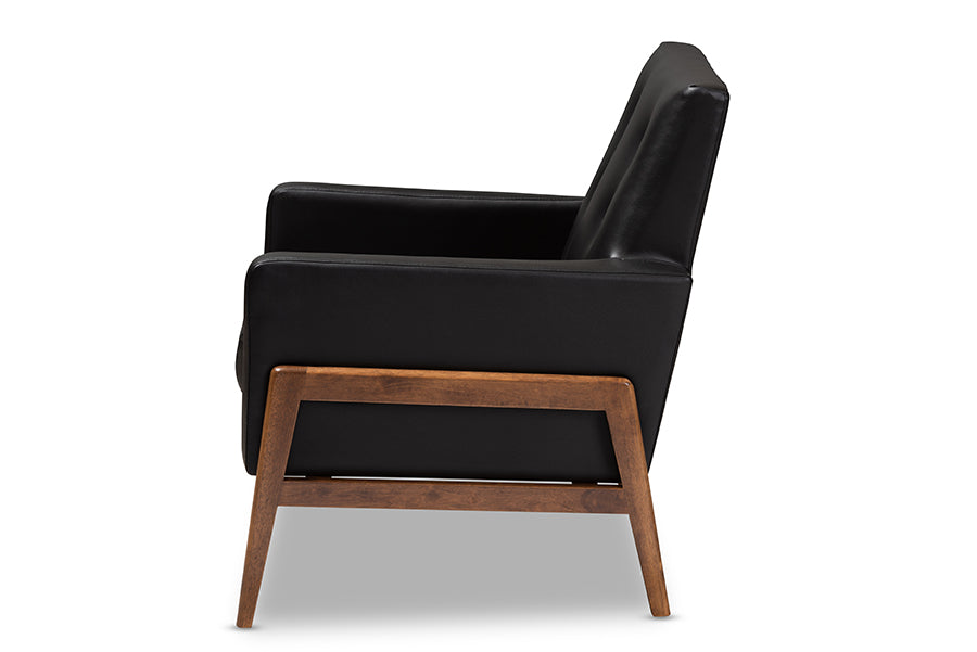 Baxton Studio Perris Mid-Century Modern Black Faux Leather Upholstered Walnut Wood Lounge Chair