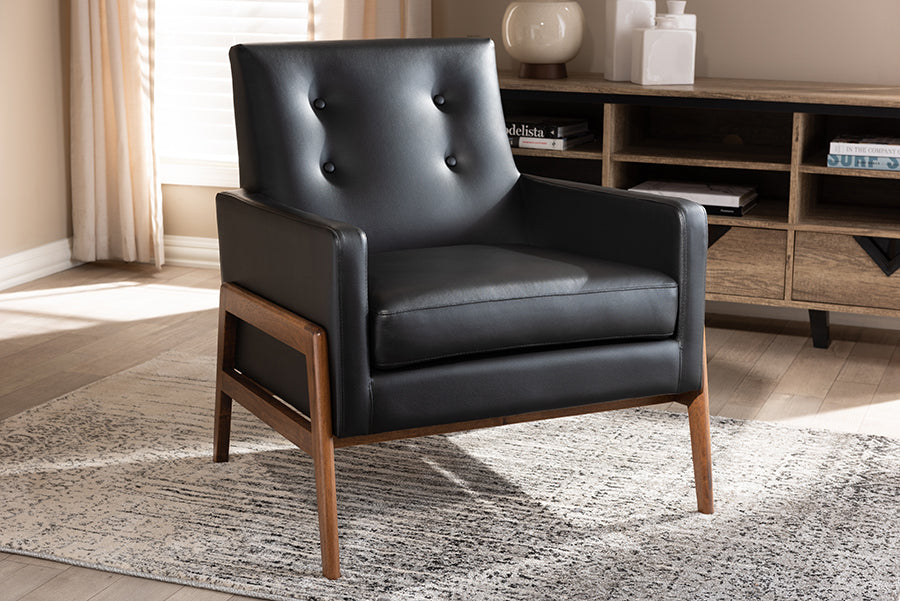 Baxton Studio Perris Mid-Century Modern Black Faux Leather Upholstered Walnut Wood Lounge Chair