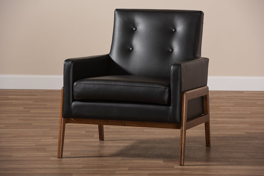 Baxton Studio Perris Mid-Century Modern Black Faux Leather Upholstered Walnut Wood Lounge Chair