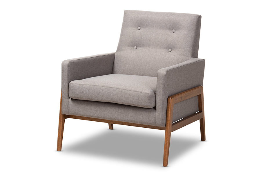 Baxton Studio Perris Mid-Century Modern Grey Fabric Upholstered Walnut Wood Lounge Chair