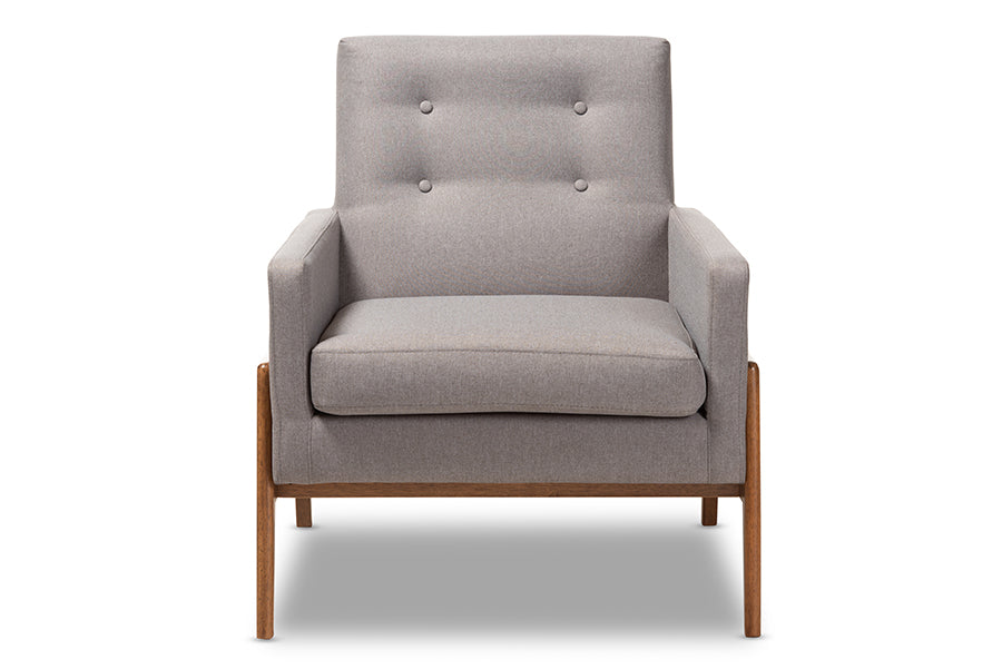 Baxton Studio Perris Mid-Century Modern Grey Fabric Upholstered Walnut Wood Lounge Chair