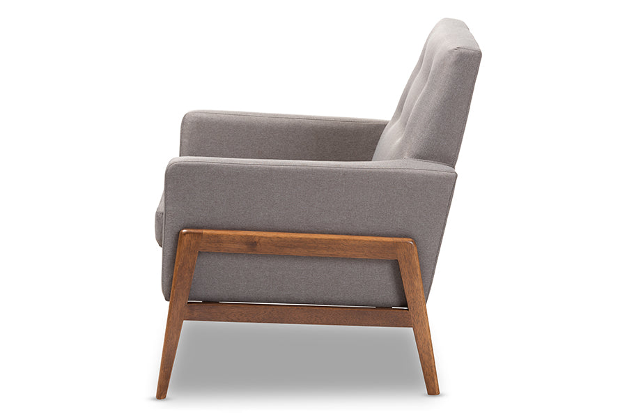 Baxton Studio Perris Mid-Century Modern Grey Fabric Upholstered Walnut Wood Lounge Chair