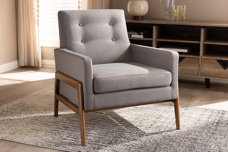 Baxton Studio Perris Mid-Century Modern Grey Fabric Upholstered Walnut Wood Lounge Chair