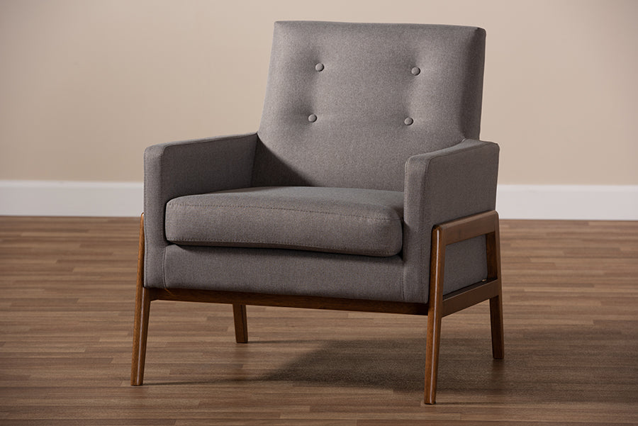Baxton Studio Perris Mid-Century Modern Grey Fabric Upholstered Walnut Wood Lounge Chair