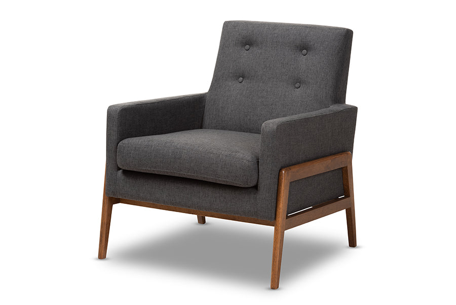 Baxton Studio Perris Mid-Century Modern Dark Grey Fabric Upholstered Walnut Wood Lounge Chair