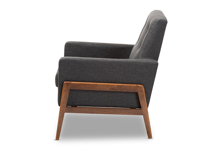 Baxton Studio Perris Mid-Century Modern Dark Grey Fabric Upholstered Walnut Wood Lounge Chair
