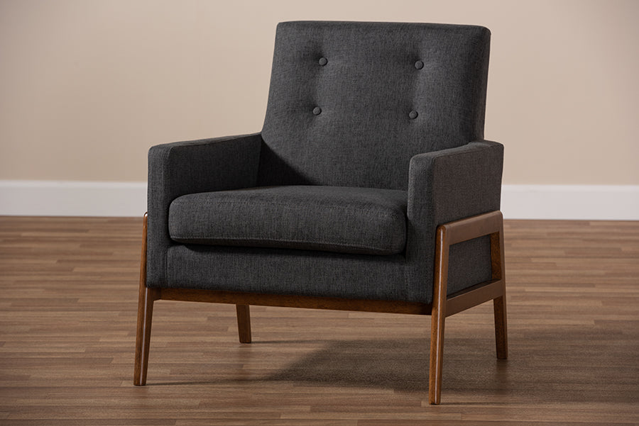 Baxton Studio Perris Mid-Century Modern Dark Grey Fabric Upholstered Walnut Wood Lounge Chair