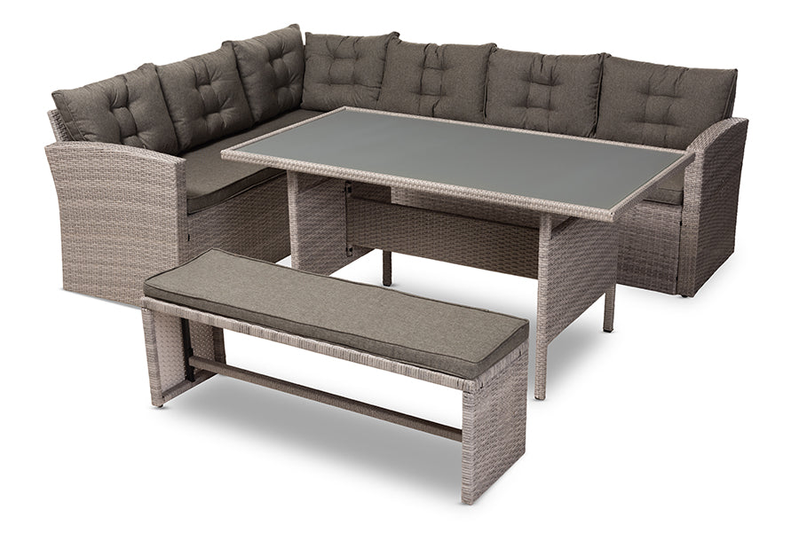 Baxton Studio Eneas Modern and Contemporary Dark Grey Fabric Upholstered and Grey Rattan 3-Piece Outdoor Patio Lounge Corner Sofa Set