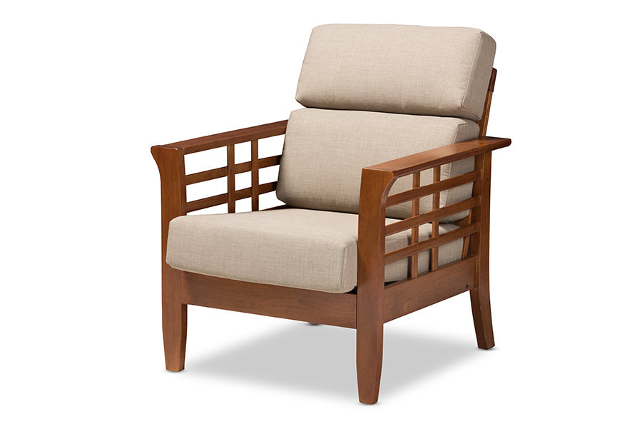 Baxton Studio Larissa Modern Classic Mission Style Cherry Finished Brown Wood and Dark Beige Fabric High Back Cushioned Living Room 1-Seater Lounge Chair