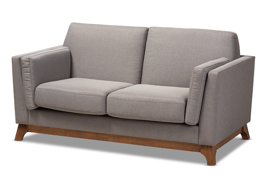 Baxton Studio Sava Mid-Century Modern Grey Fabric Upholstered Walnut Wood 2-Seater Loveseat