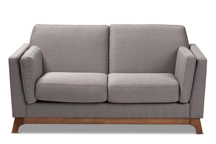 Baxton Studio Sava Mid-Century Modern Grey Fabric Upholstered Walnut Wood 2-Seater Loveseat