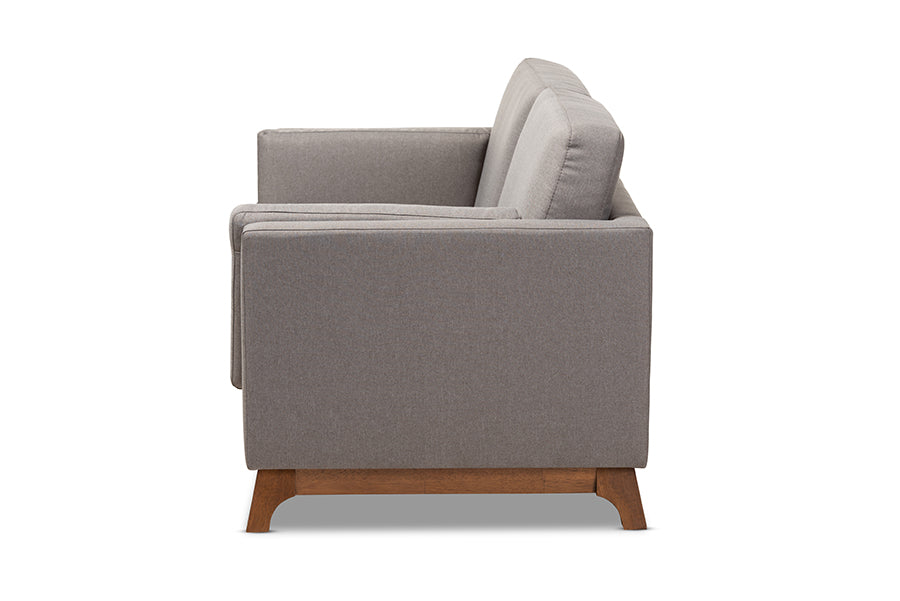 Baxton Studio Sava Mid-Century Modern Grey Fabric Upholstered Walnut Wood 2-Seater Loveseat