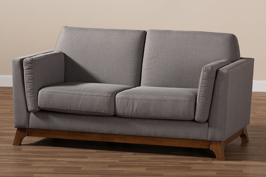 Baxton Studio Sava Mid-Century Modern Grey Fabric Upholstered Walnut Wood 2-Seater Loveseat
