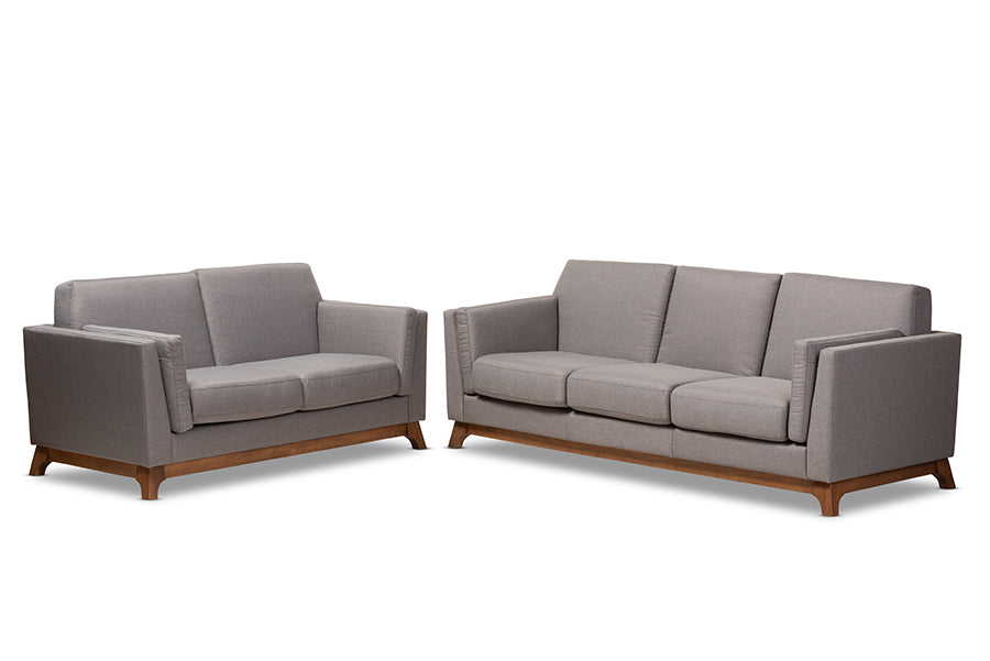 Baxton Studio Sava Mid-Century Modern Grey Fabric Upholstered Walnut Wood 2-Piece Living Room Set