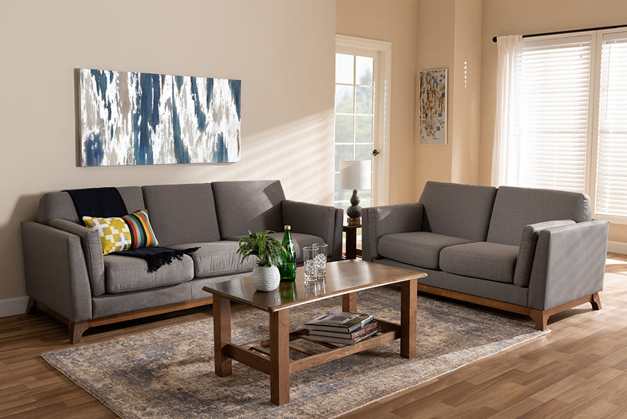 Baxton Studio Sava Mid-Century Modern Grey Fabric Upholstered Walnut Wood 2-Piece Living Room Set