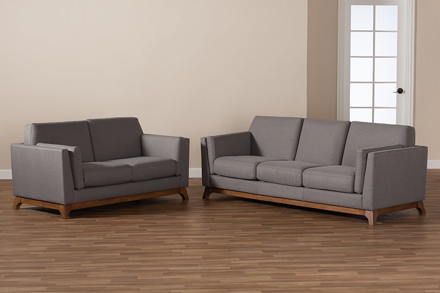 Baxton Studio Sava Mid-Century Modern Grey Fabric Upholstered Walnut Wood 2-Piece Living Room Set