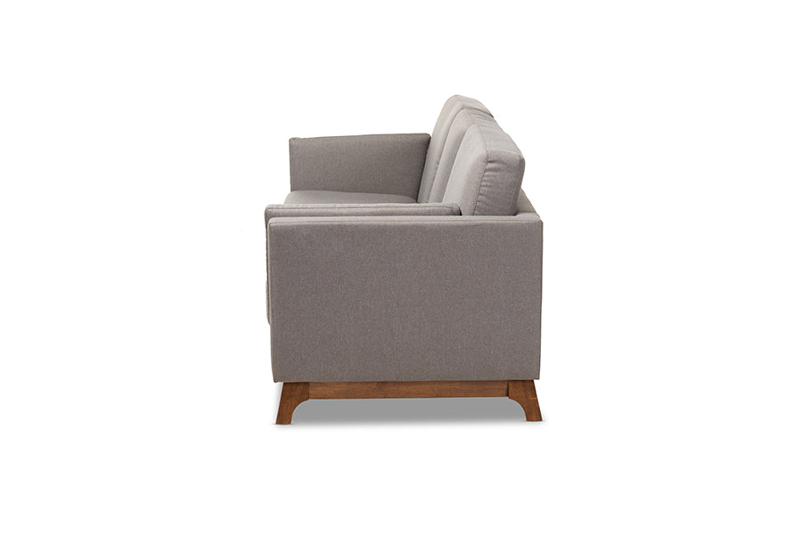Baxton Studio Sava Mid-Century Modern Grey Fabric Upholstered Walnut Wood 3-Seater Sofa