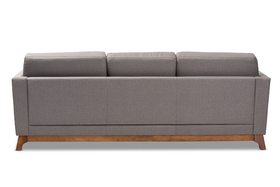 Baxton Studio Sava Mid-Century Modern Grey Fabric Upholstered Walnut Wood 3-Seater Sofa