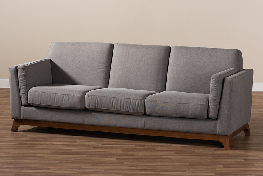 Baxton Studio Sava Mid-Century Modern Grey Fabric Upholstered Walnut Wood 3-Seater Sofa