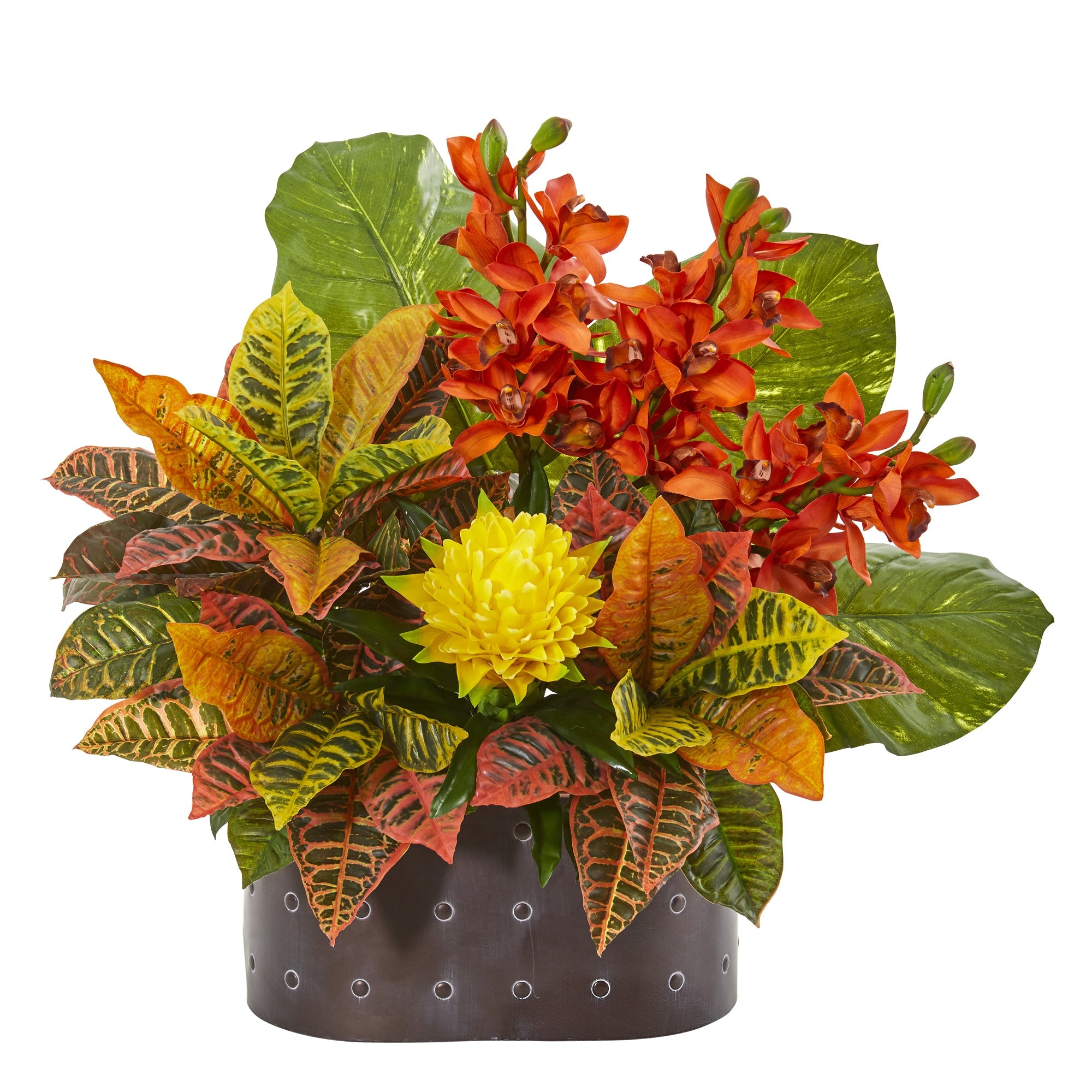 28" Cymbidium Orchid, Bromeliad, Croton and Pothos Artificial Plant