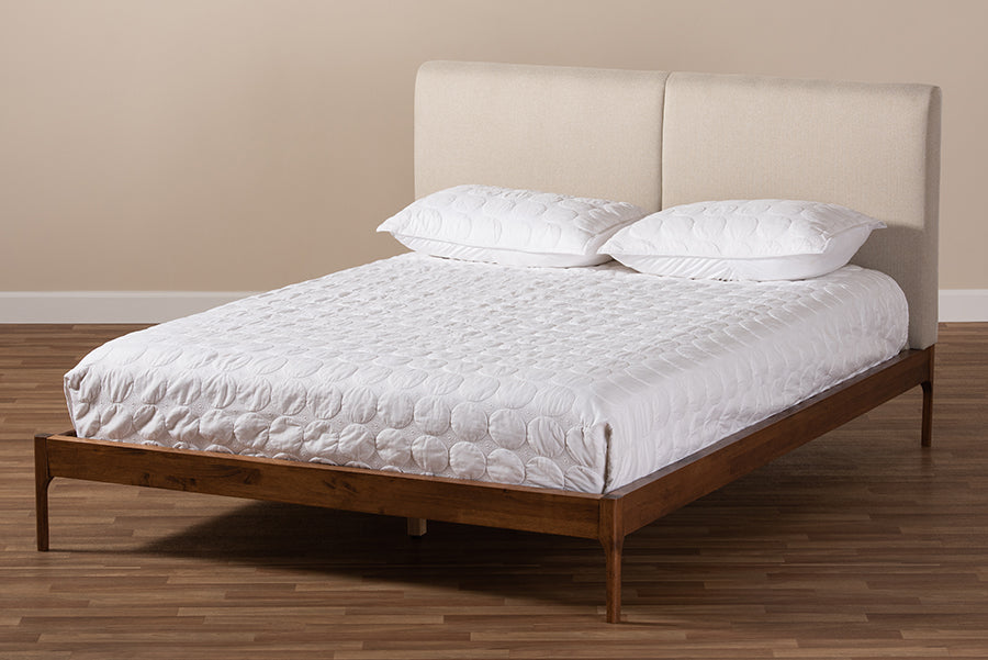 Baxton Studio Aveneil Mid-Century Modern Beige Fabric Upholstered Walnut Finished Queen Size Platform Bed